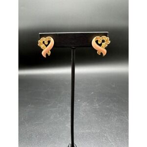 Gold Tone Pink Enamel Heart Ribbon Rose Stud Earrings Peach Awareness Jewelry